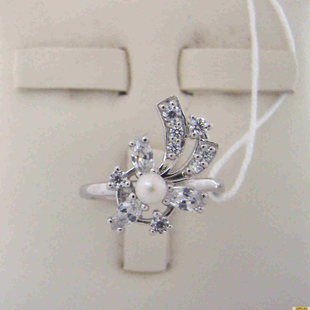 Серебряное кольцо 925 пробы с жемчугом, фианитом, 2200000472014