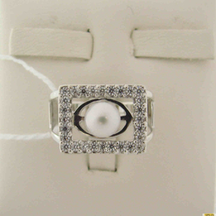 Серебряное кольцо 925 пробы с жемчугом, фианитом, 2200000148780