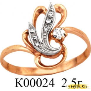 Золотое кольцо 585 пробы с фианитом, К00024 в комплекте с С00024