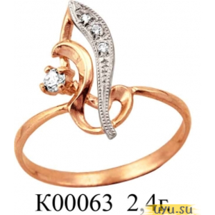 Золотое кольцо 585 пробы с фианитом, К00063 в комплекте с С00043