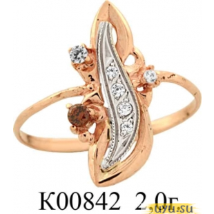 Золотое кольцо 585 пробы с фианитом, К00842 в комплекте с С00227