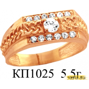 Золотое кольцо-печатка (перстень), 585 пробы с фианитом, КП1025