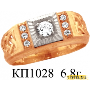 Золотое кольцо-печатка (перстень), 585 пробы с фианитом, КП1028