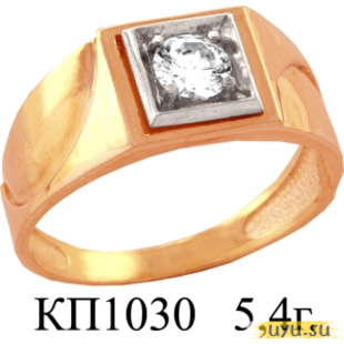 Золотое кольцо-печатка (перстень), 585 пробы с фианитом, КП1030