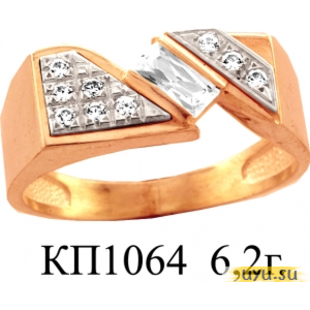 Золотое кольцо-печатка (перстень), 585 пробы с фианитом, КП1064