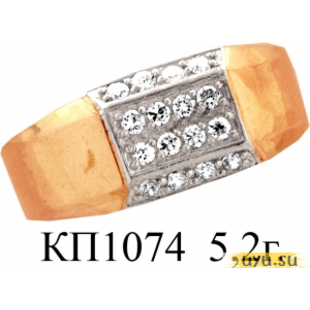 Золотое кольцо-печатка (перстень), 585 пробы с фианитом, КП1074