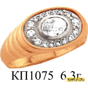 Золотое кольцо-печатка (перстень), 585 пробы с фианитом, КП1075