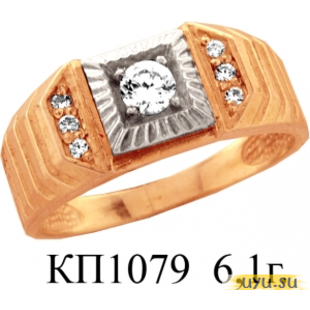 Золотое кольцо-печатка (перстень), 585 пробы с фианитом, КП1079