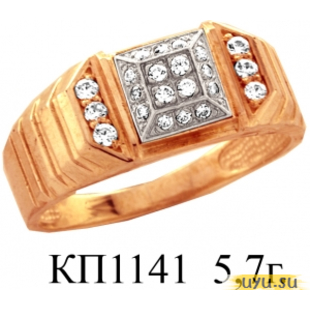 Золотое кольцо-печатка (перстень), 585 пробы с фианитом, КП1141