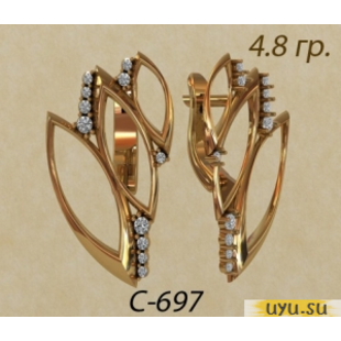 Золотые серьги 585 пробы с фианитом, С-697