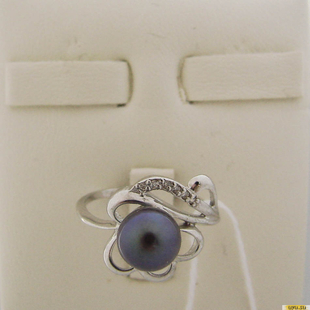 Серебряное кольцо 925 пробы с жемчугом, фианитом, 2200000311443