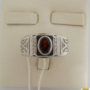 Серебряное кольцо-печатка (перстень), 925 пробы с гранатом, фианитом, 2200000301925