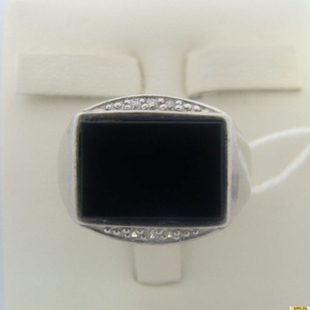 Серебряное кольцо-печатка (перстень), 925 пробы с ониксом, фианитом, 2200000326508