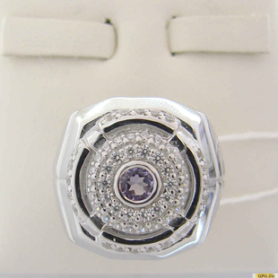 Серебряное кольцо-печатка (перстень), 925 пробы с аметистом, фианитом, 2200000429971