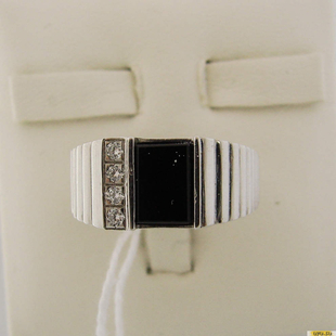 Серебряное кольцо-печатка (перстень), 925 пробы с ониксом, фианитом, 2200000336224