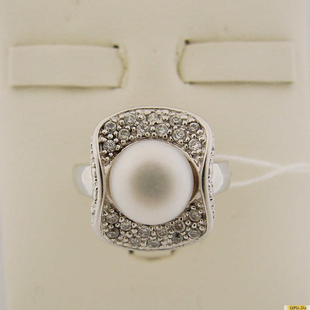 Серебряное кольцо 925 пробы с жемчугом, фианитом, 2200000008336