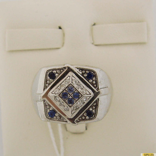 Серебряное кольцо-печатка (перстень), 925 пробы с сапфиром, фианитом, 2200000203144