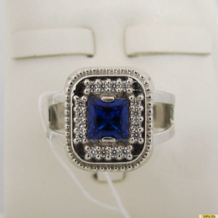 Серебряное кольцо-печатка (перстень), 925 пробы с сапфиром, фианитом, 2200000372079