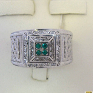 Серебряное кольцо-печатка (перстень), 925 пробы с изумрудом, фианитом, 2200000163295