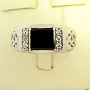 Серебряное кольцо-печатка (перстень), 925 пробы с ониксом, фианитом, 2200000343628
