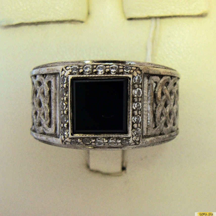 Серебряное кольцо-печатка (перстень), 925 пробы с ониксом, фианитом, 2200000343642