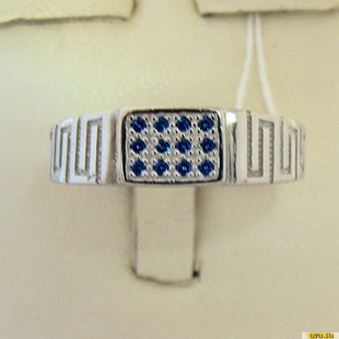 Серебряное кольцо-печатка (перстень), 925 пробы с сапфиром, фианитом, 2200000367037