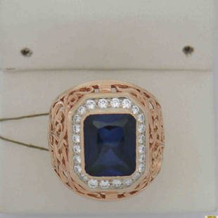 Золотое кольцо-печатка (перстень), 585 пробы с сапфиром, фианитом, 2200000471123