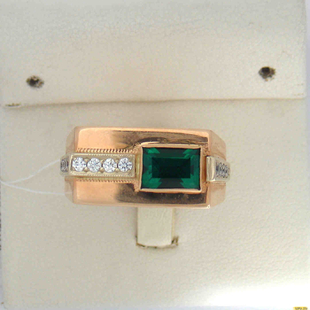 Золотое кольцо-печатка (перстень), 585 пробы с изумрудом, фианитом, 2200000471116